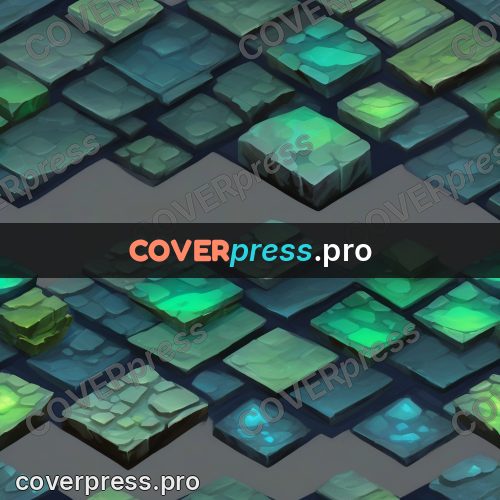 Isometric drawing: green tiles above a dark field