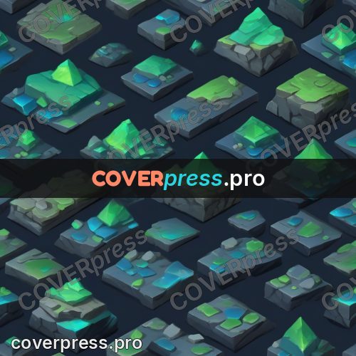 Isometric drawing: green tiles above a dark field
