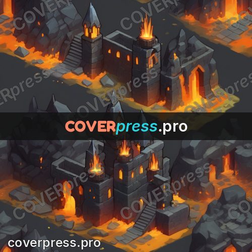 Isometric drawing: dark fortress with fire