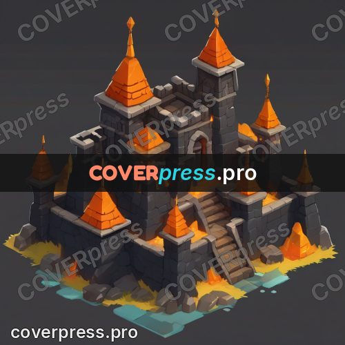 Isometric drawing: dark fortress with fire