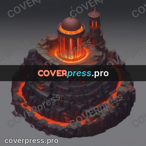 Isometric drawing: tower on a rock with lava