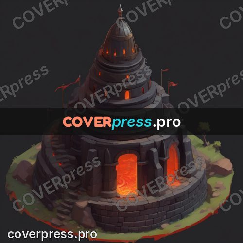 Isometric drawing: tower on a rock with lava