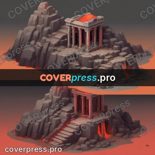 Isometric drawing: temple on a stepped rock