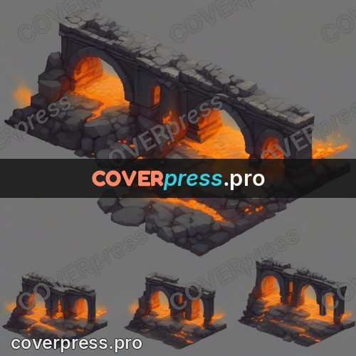 Isometric drawing: stone bridge over lava