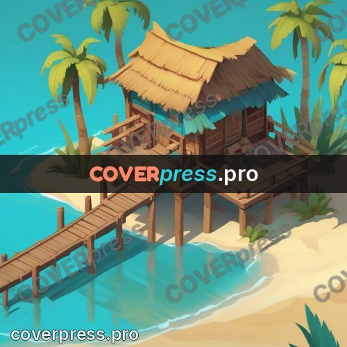 Isometric drawing: stilt hut by the water