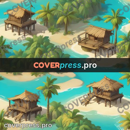 Isometric drawing: stilt hut by the water