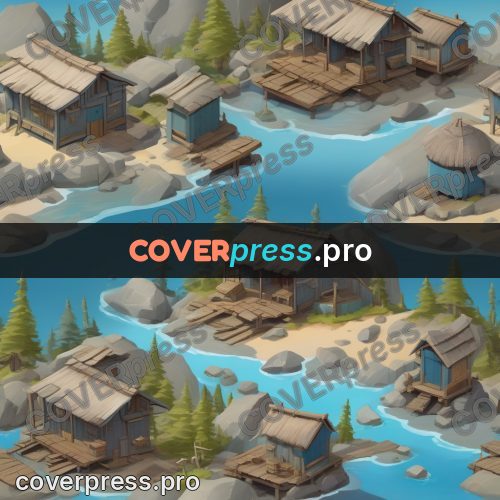 Isometric drawing: wooden houses on an island