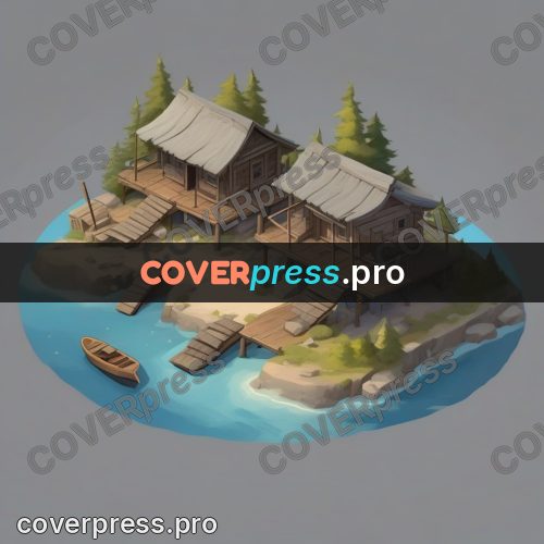 Isometric drawing: wooden houses on an island
