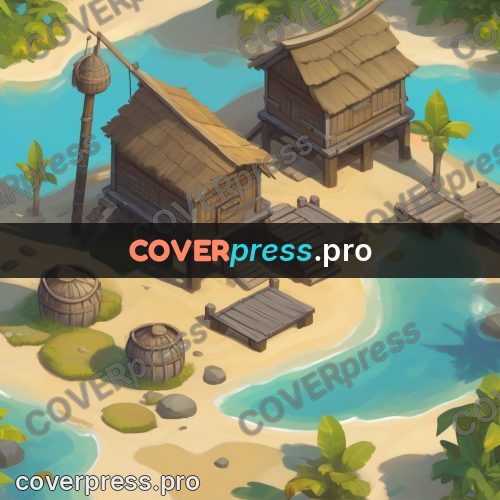 Isometric drawing: stilt houses on a sandy island
