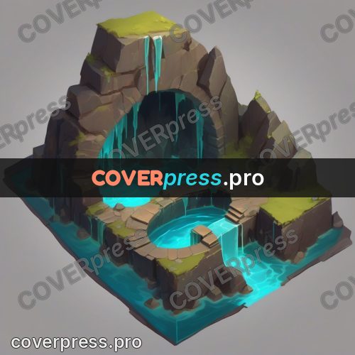Isometric drawing: arch above turquoise water