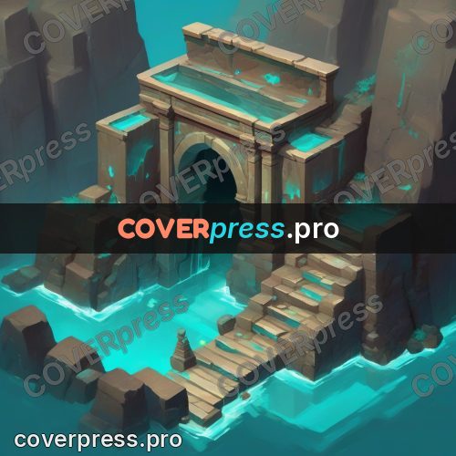 Isometric drawing: arch above turquoise water