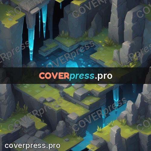 Isometric drawing: flooded grotto with blue water