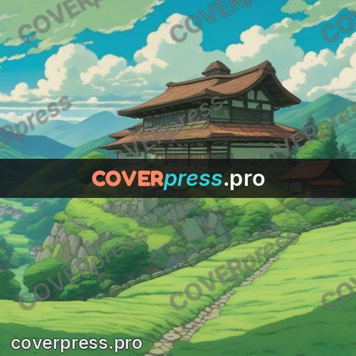 Studio Ghibli artwork: wooden house on a green hill