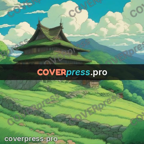 Studio Ghibli artwork: wooden house on a green hill