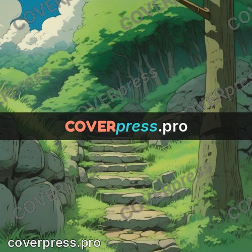 Studio Ghibli artwork: stone steps in a forest