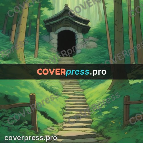 Studio Ghibli artwork: stone steps in a forest