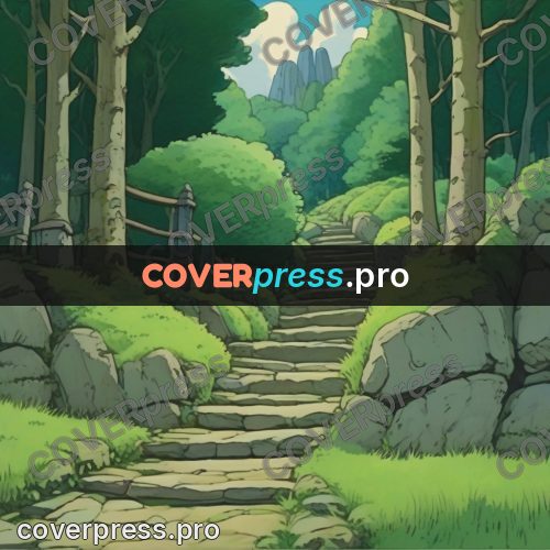 Studio Ghibli artwork: stone steps in a forest