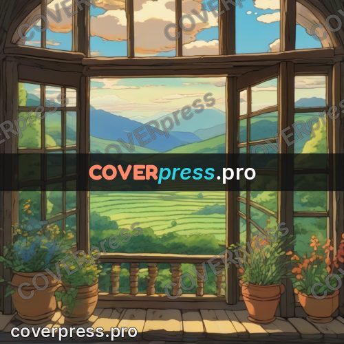 Studio Ghibli artwork: open window onto green hills