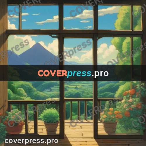 Studio Ghibli artwork: open window onto green hills