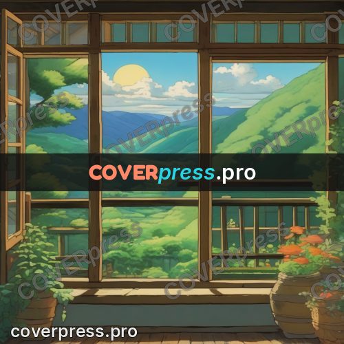 Studio Ghibli artwork: open window onto green hills