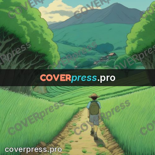 Studio Ghibli artwork: path through green fields