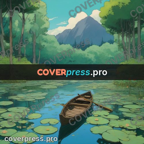 Studio Ghibli artwork: boat among water lilies