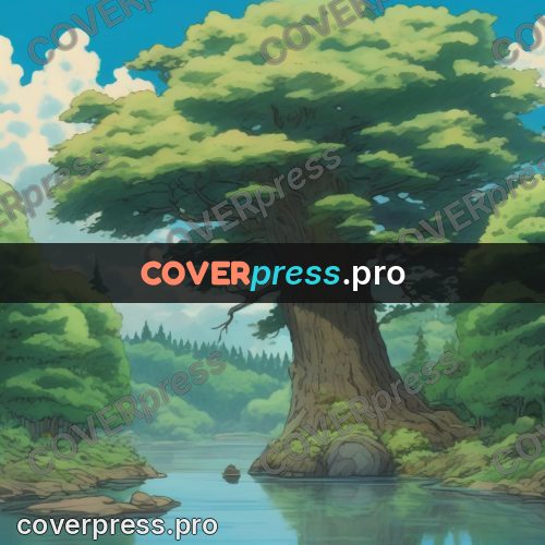 Studio Ghibli artwork: large tree by the water