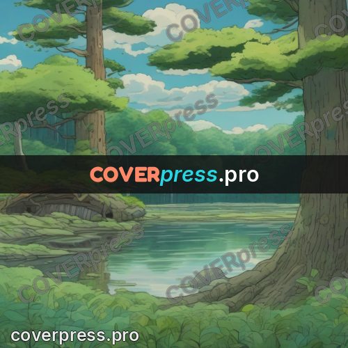 Studio Ghibli artwork: large tree by the water