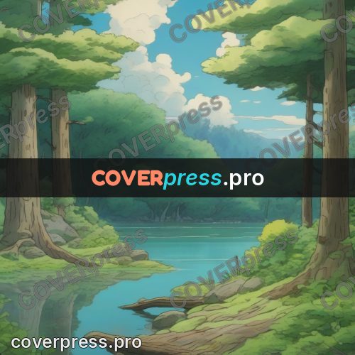 Studio Ghibli artwork: large tree by the water