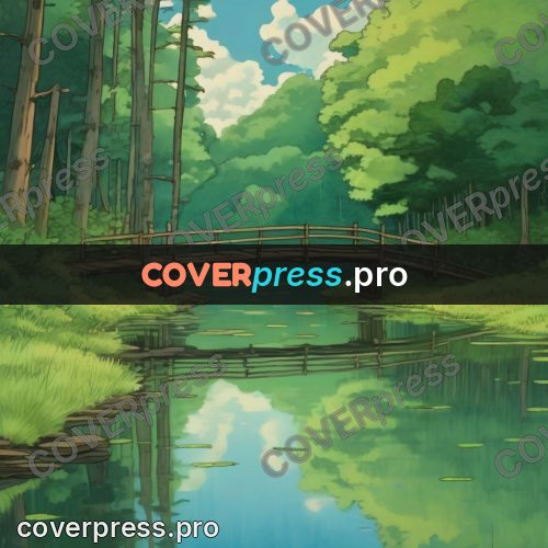 Studio Ghibli artwork: jetty over a forest pond