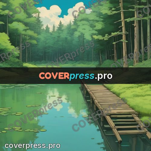 Studio Ghibli artwork: jetty over a forest pond