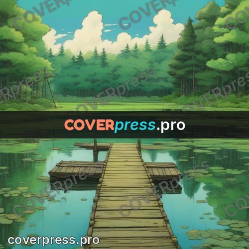 Studio Ghibli artwork: jetty over a forest pond