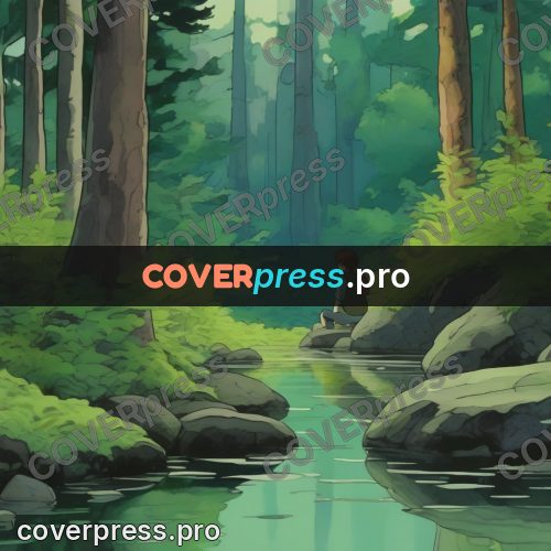 Studio Ghibli artwork: figure on stones by a stream