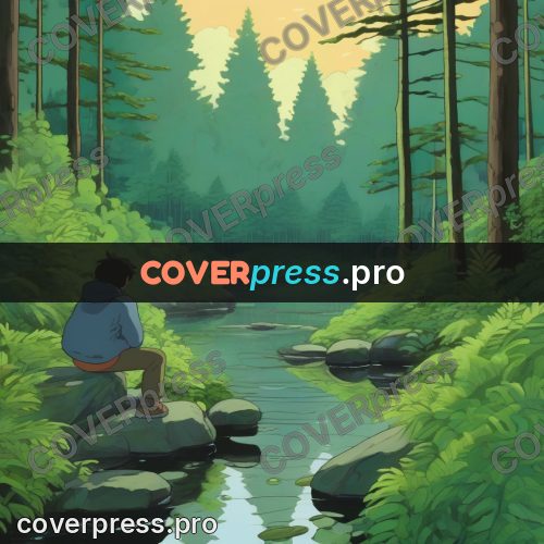 Studio Ghibli artwork: figure on stones by a stream