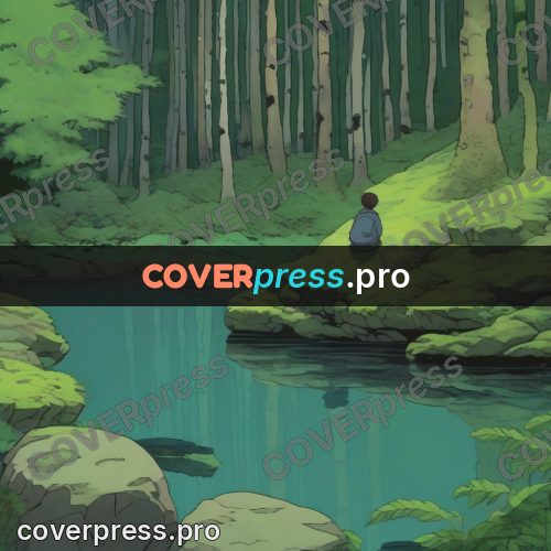 Studio Ghibli artwork: figure on stones by a stream