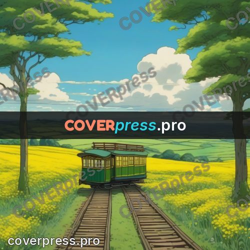 Studio Ghibli artwork: railcar in a yellow field