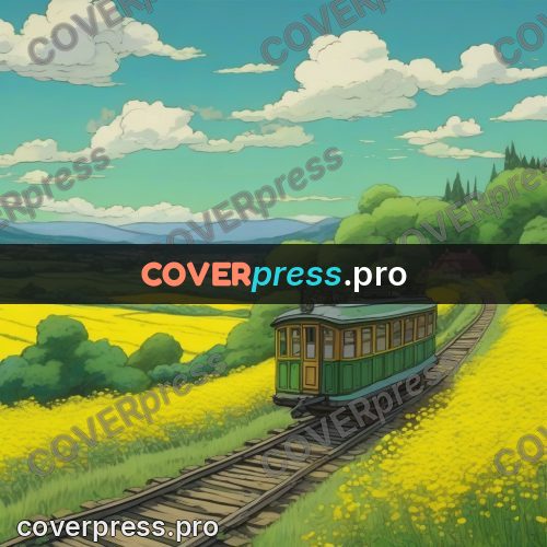 Studio Ghibli artwork: railcar in a yellow field