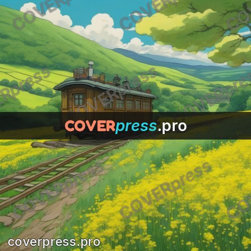 Studio Ghibli artwork: railcar in a yellow field