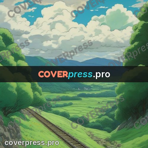 Studio Ghibli artwork: rails among green hills