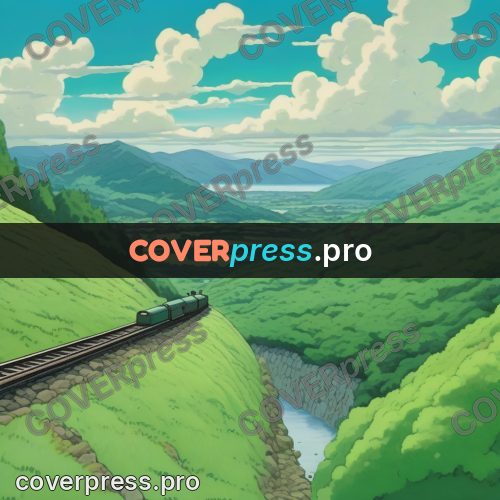 Studio Ghibli artwork: rails among green hills