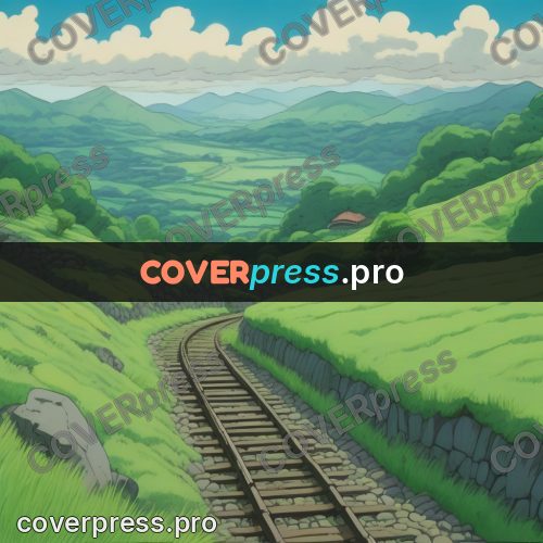 Studio Ghibli artwork: rails among green hills