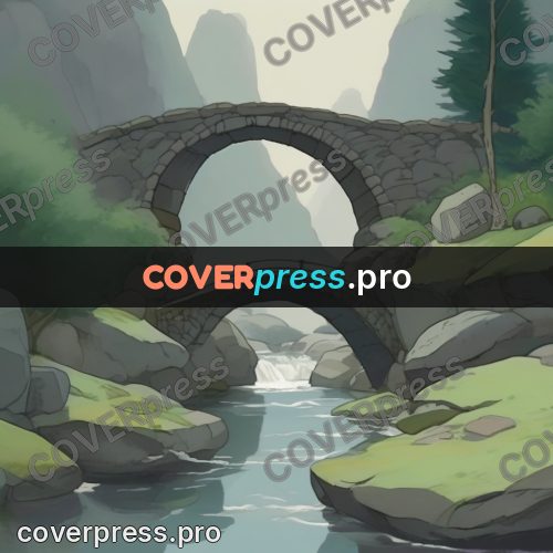 Studio Ghibli artwork: stone bridge over a stream