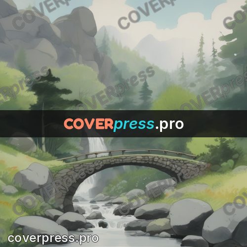 Studio Ghibli artwork: stone bridge over a stream
