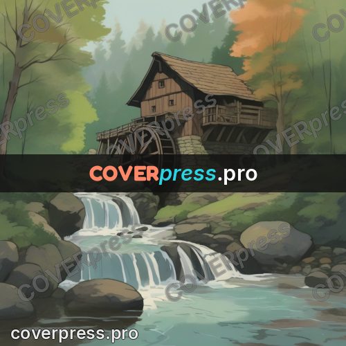 Studio Ghibli artwork: mill by a waterfall