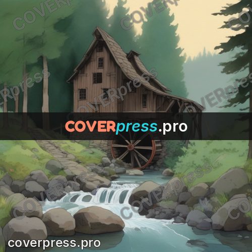 Studio Ghibli artwork: mill by a waterfall