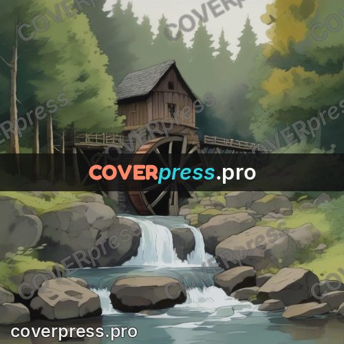 Studio Ghibli artwork: mill by a waterfall