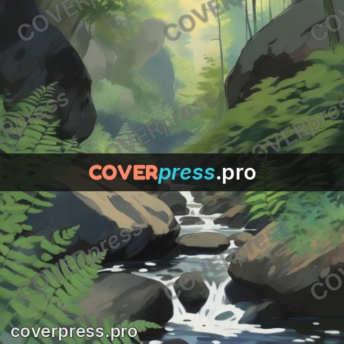 Studio Ghibli artwork: waterfall among ferns