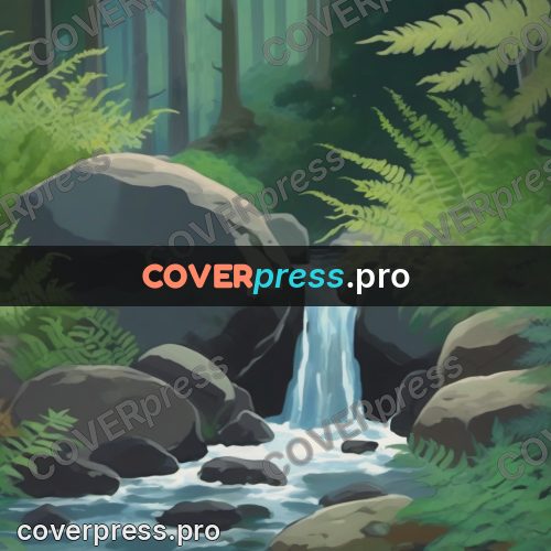 Studio Ghibli artwork: waterfall among ferns
