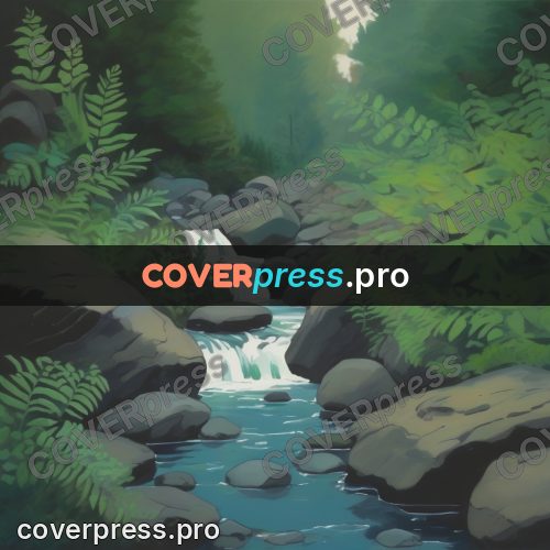 Studio Ghibli artwork: waterfall among ferns