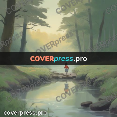 Studio Ghibli artwork: figure by a stream in mist